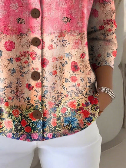 Women's Casual Retro Plant Pattern Ribbed Cardigan