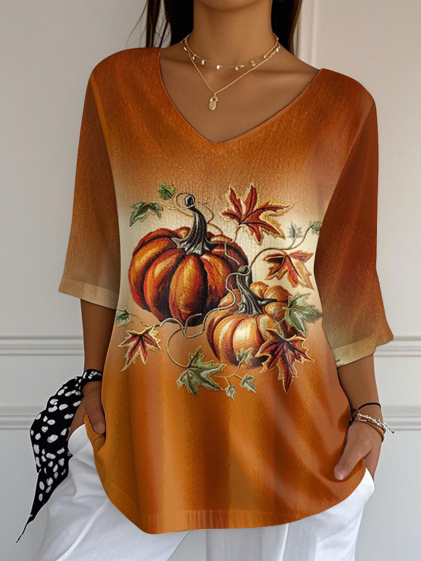 Women's Autumn Printed Casual V-Neck T-Shirt