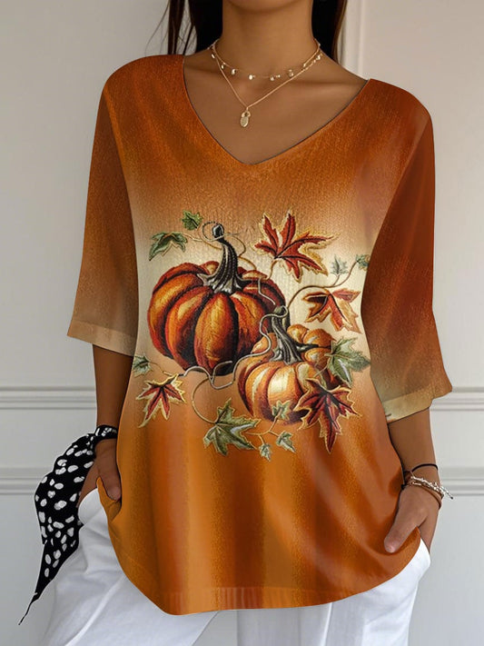 Women's Autumn Printed Casual V-Neck T-Shirt