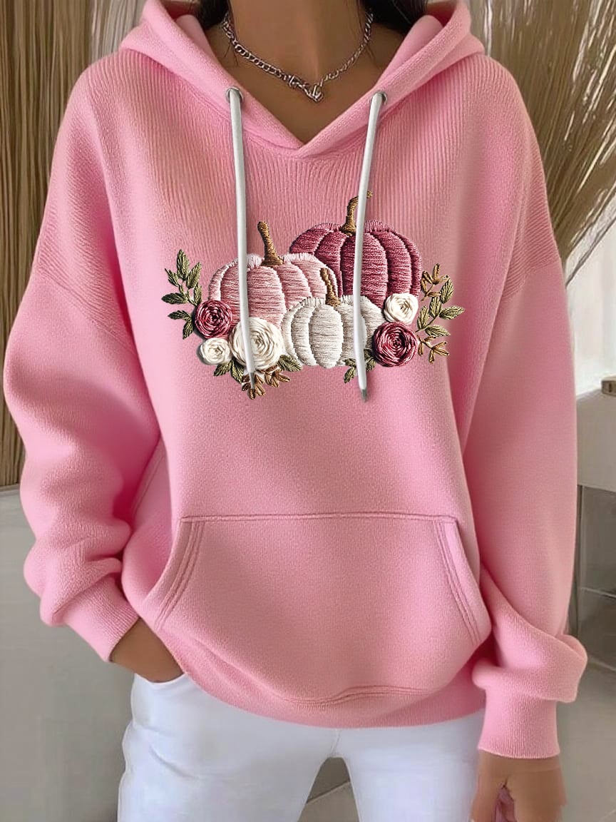 Women's Casual Pink Pumpkin Striped Hoodie