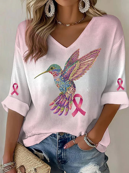 Women's Breast Cancer Hummingbird Print T-Shirt