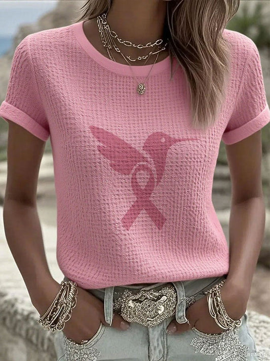 Women's Breast Cancer Print Crew Neck T-Shirt