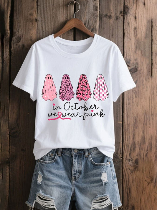 Women's In October We Wear Pink Breast Cancer Print T-shirt