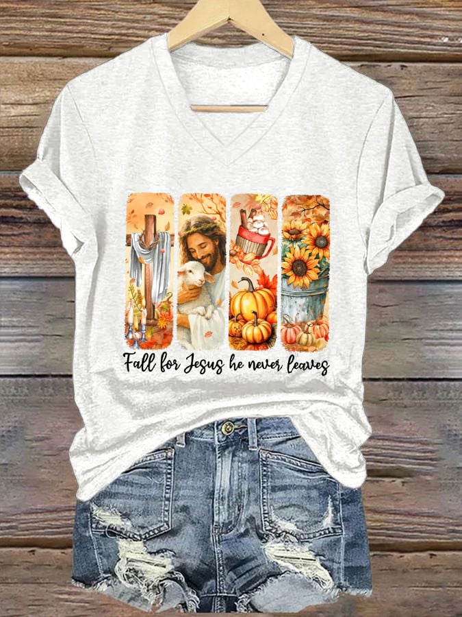 Women's Fall For Jesus He Never Leaves Print T-Shirt