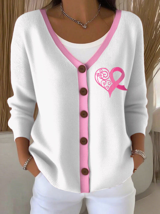 Women's Breast Cancer Love Ribbon Thick Needle Straight Cardigan