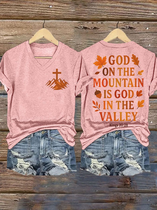 The God of the Mountain is the God of the Valley Women's Autumn Print V-Neck T-Shirt