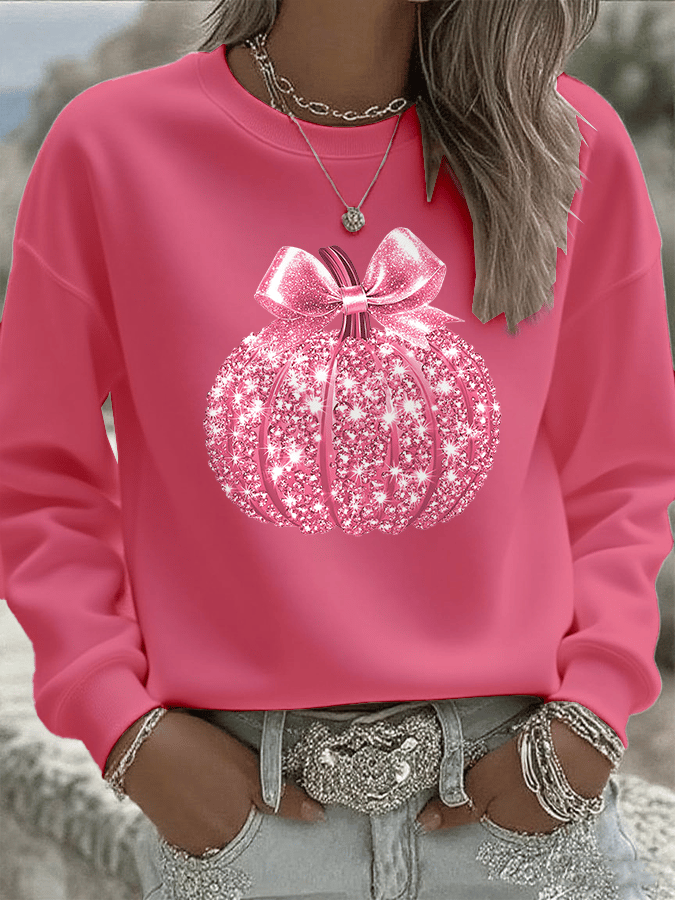 Women's Breast Cancer Sequin Pumpkin Print Crew Neck Sweatshirt