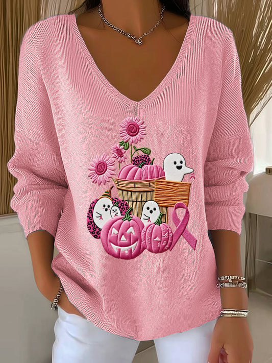 Women's Casual Pink Pumpkin Ghost Print Striped Long Sleeve Top