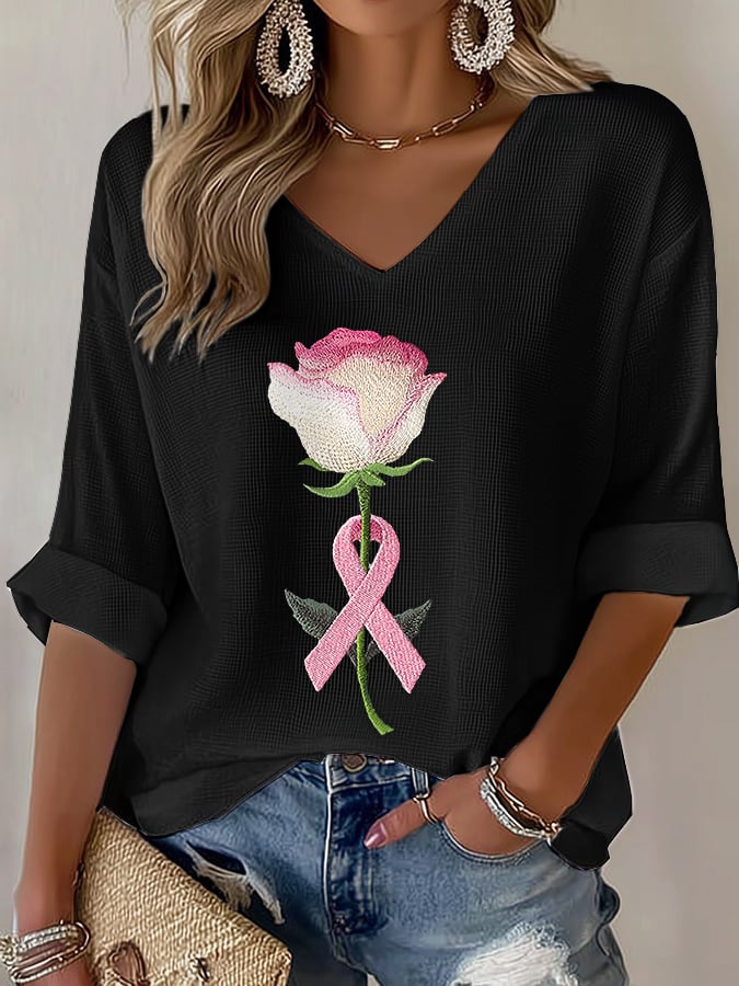 Women's pink embroidered floral print waffle T-shirt