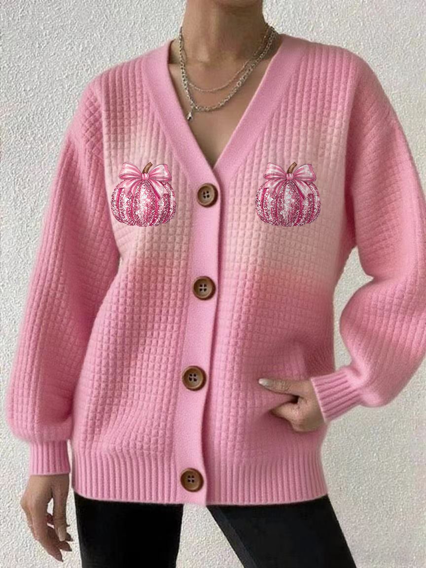 Women's Casual Square Plaid Pink Pumpkin Sweatshirt Cardigan