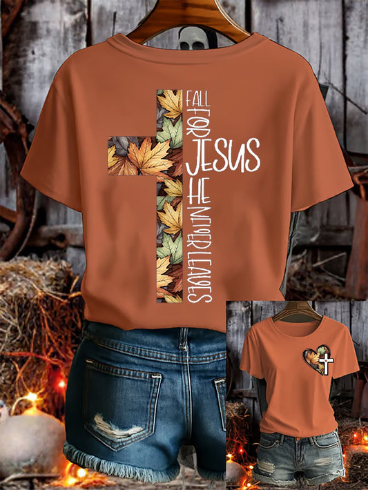 Women's Fall Jesus He Never Leaves T-Shirt