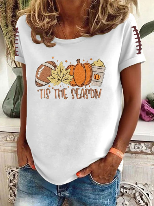 Women's FALL Football TIS THE SEASON Printed Round Neck T-Shirt