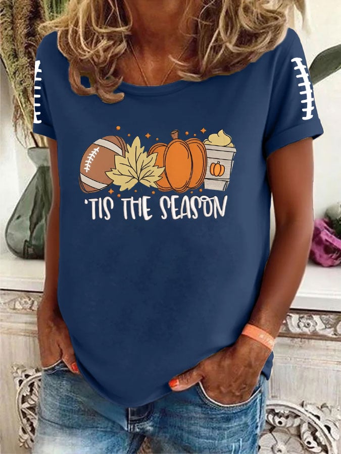 Women's FALL Football TIS THE SEASON Printed Round Neck T-Shirt