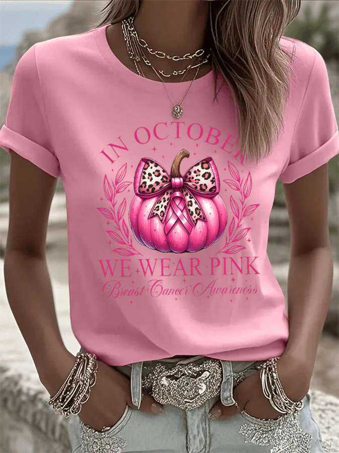 Women's In October We Wear Pink Print Crew Neck T-Shirt