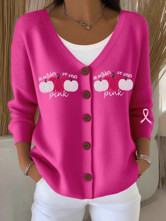 Women's Breast Cancer Awareness Print Chunky Knit Cardigan