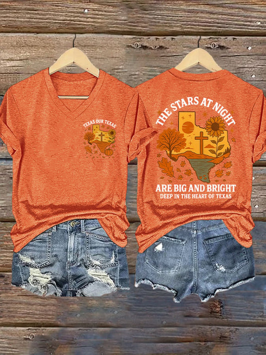 V-Neck Retro Texas Fall Strong Texas Our Texas The Stars At Night Are Big And Bright Deep In The Heart Of Texas Print T-Shirt