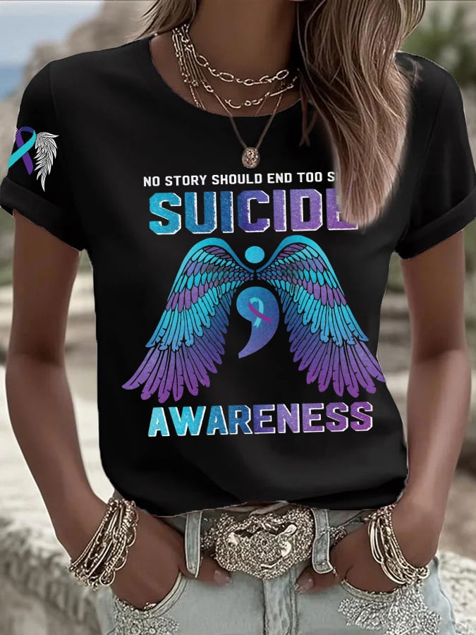 Women's No Story Should End Too Soon Suicide Awareness Print Casual T-shirt