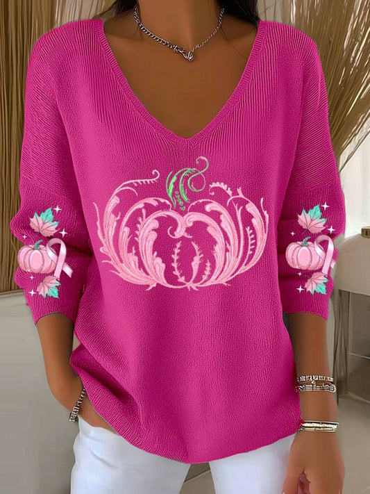 Women's Breast Cancer Sequin Pumpkin Print Casual Striped Fabric Long Sleeve T-Shirt