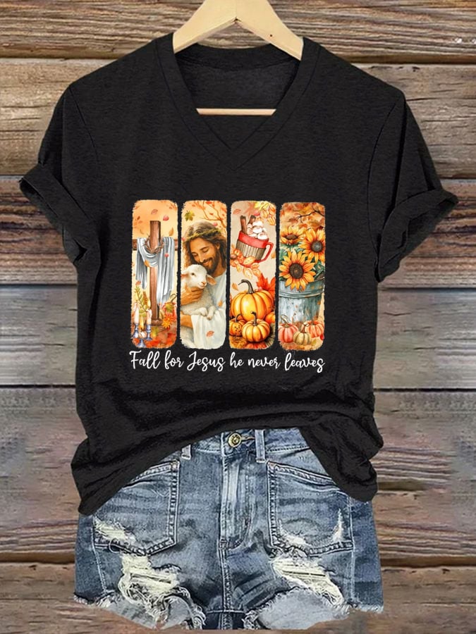 Women's Fall For Jesus He Never Leaves Print T-Shirt