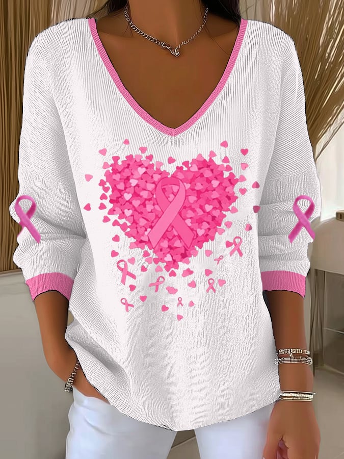Women's Breast Cancer Heart Ribbon Pink Print Sweater