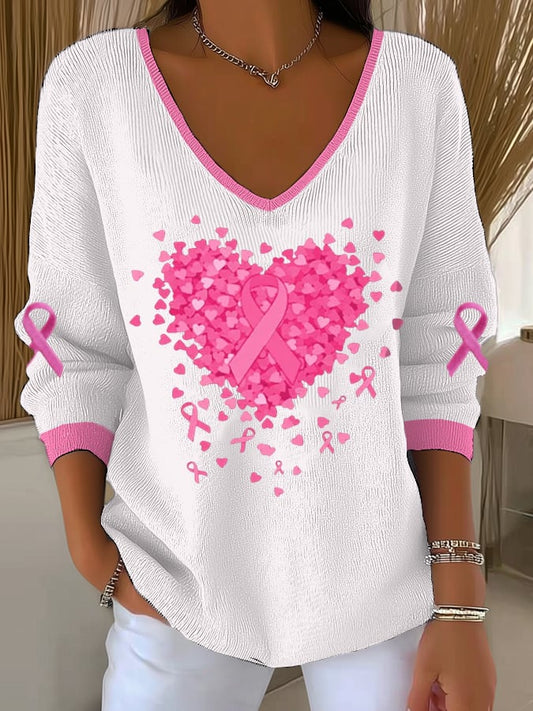 Women's Breast Cancer Heart Ribbon Pink Print Sweater
