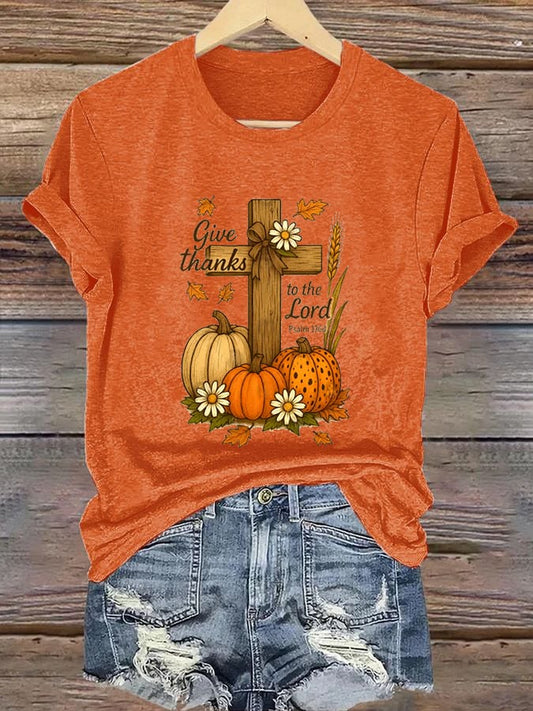 Women's Casual Faith Pumpkin Cross Short Sleeve T-Shirt