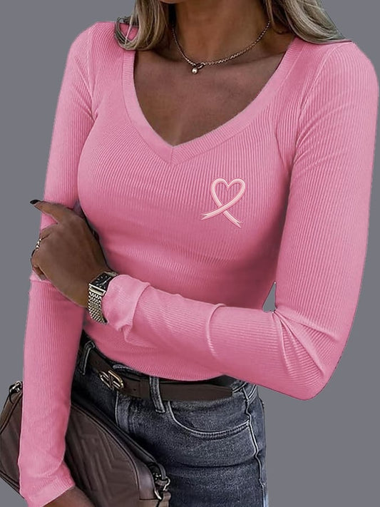 Women's Casual Breast Cancer Awareness Heart Ribbon Print Long Sleeve T-Shirt