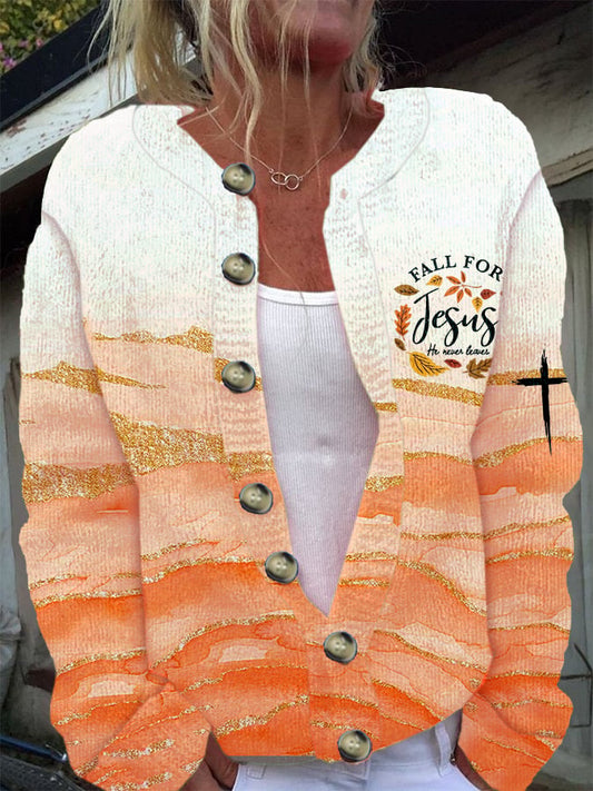 Women's Fall For Jesus He Never Leaves Print Buttoned Cardigan Sweater