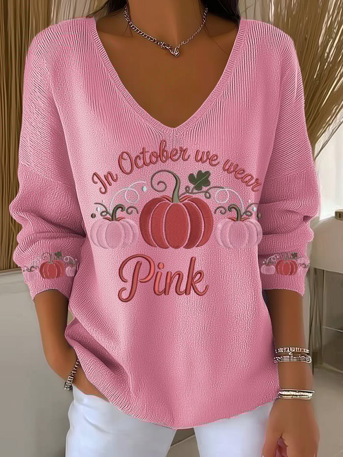Women's Breast Cancer Pumpkin Print Long Sleeve Top