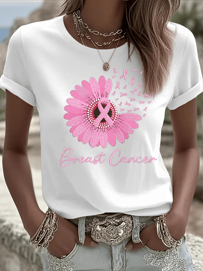 Women's Breast Cancer Awareness Print Crew Neck T-Shirt