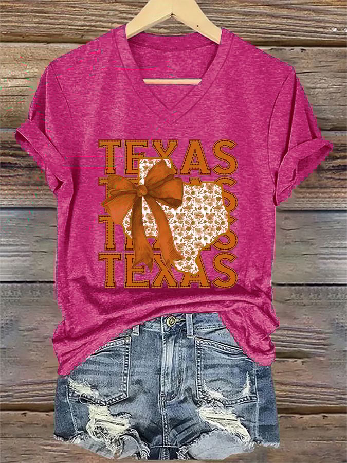 V-Neck Retro Burnt Orange Texas Coquette Bow Print T-Shirt
