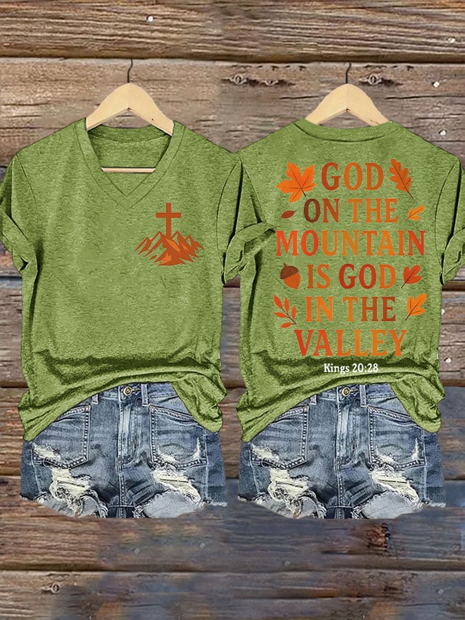 The God of the Mountain is the God of the Valley Women's Autumn Print V-Neck T-Shirt