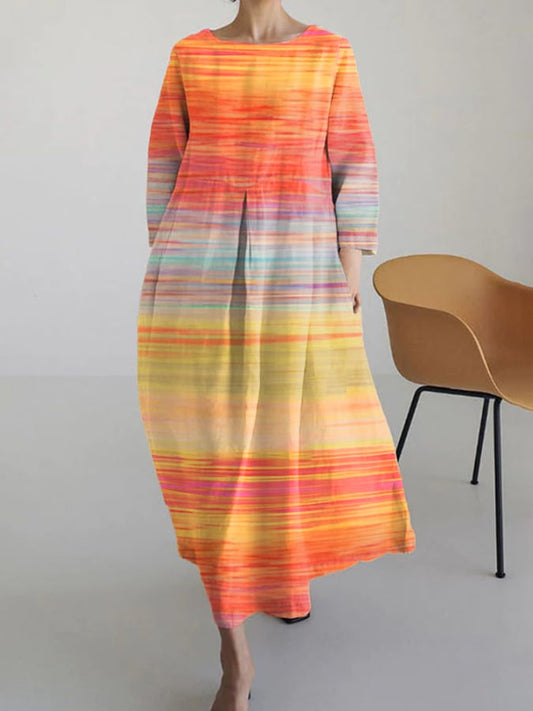 Women's Autumn Casual Gradient Cotton and Linen Long Sleeve Dress