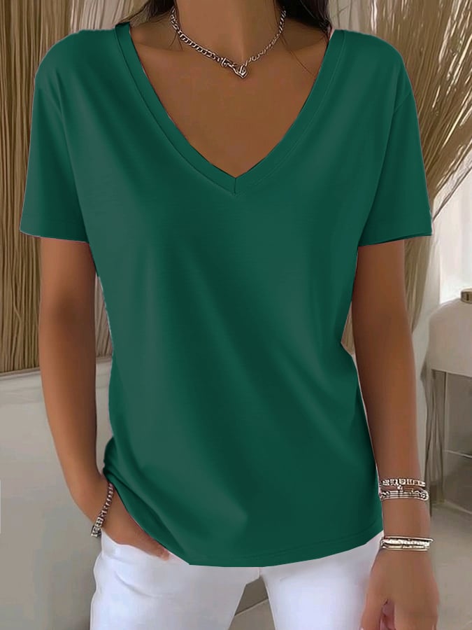 Women's Casual All-Match Solid Color V-Neck T-Shirt