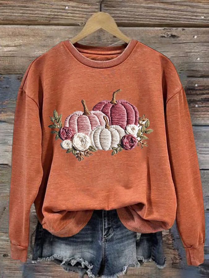 Women's Autumn Pumpkin Embroidery Print Sweatshirt