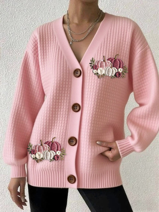 Women's Casual Square Plaid Pink Pumpkin Sweatshirt Cardigan