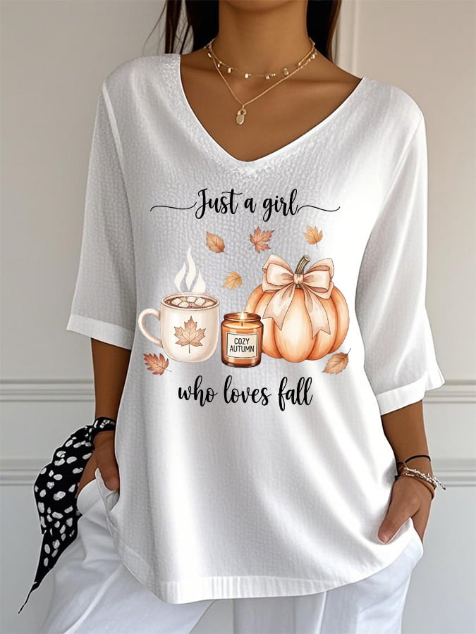 Women's Just A Girl Who Loves Fall Print Mid-Sleeve Casual T-Shirt