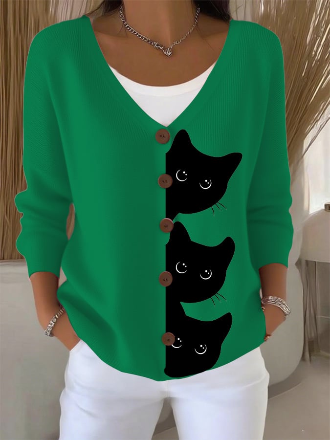 Women's Halloween Fun Black Cat Print Cardigan Sweater