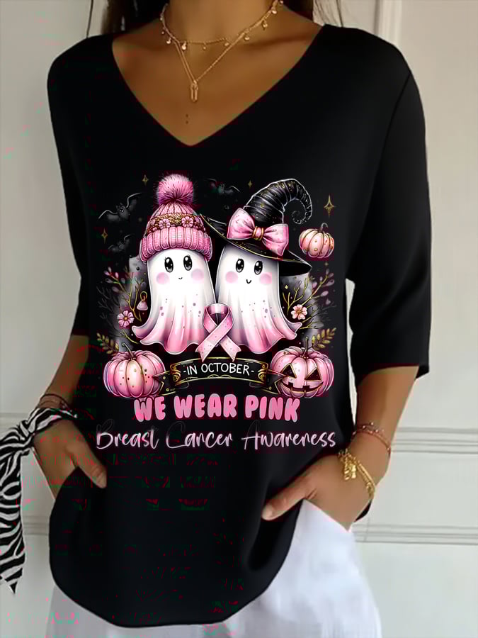 Retro In October We Wear Pink Ghost Witch Breast Cancer Awareness Printed T-Shirt