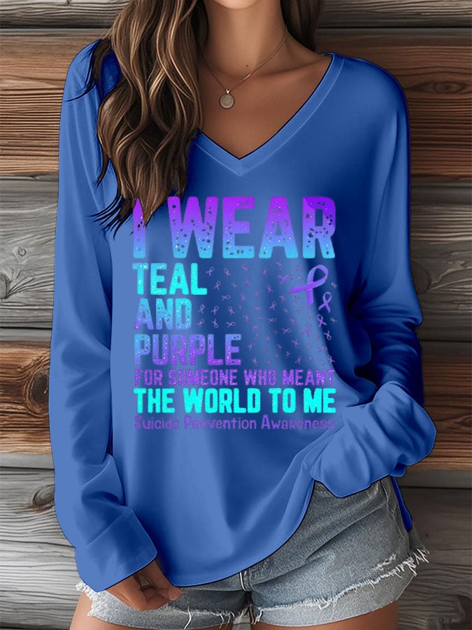 Women's Mental Health Print V-Neck Long Sleeve T-Shirt