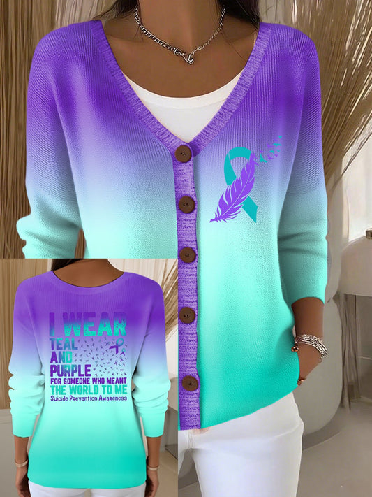 Women's Retro Suicide Prevention Awareness I Wear Teal And Purple For Someone Who Meant The World To Me Print Cardigan