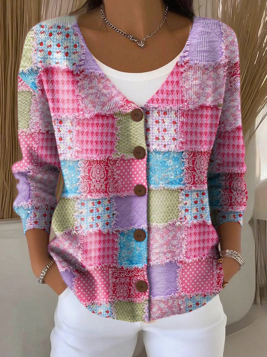 Women's Casual Pink Patch Printed Cardigan