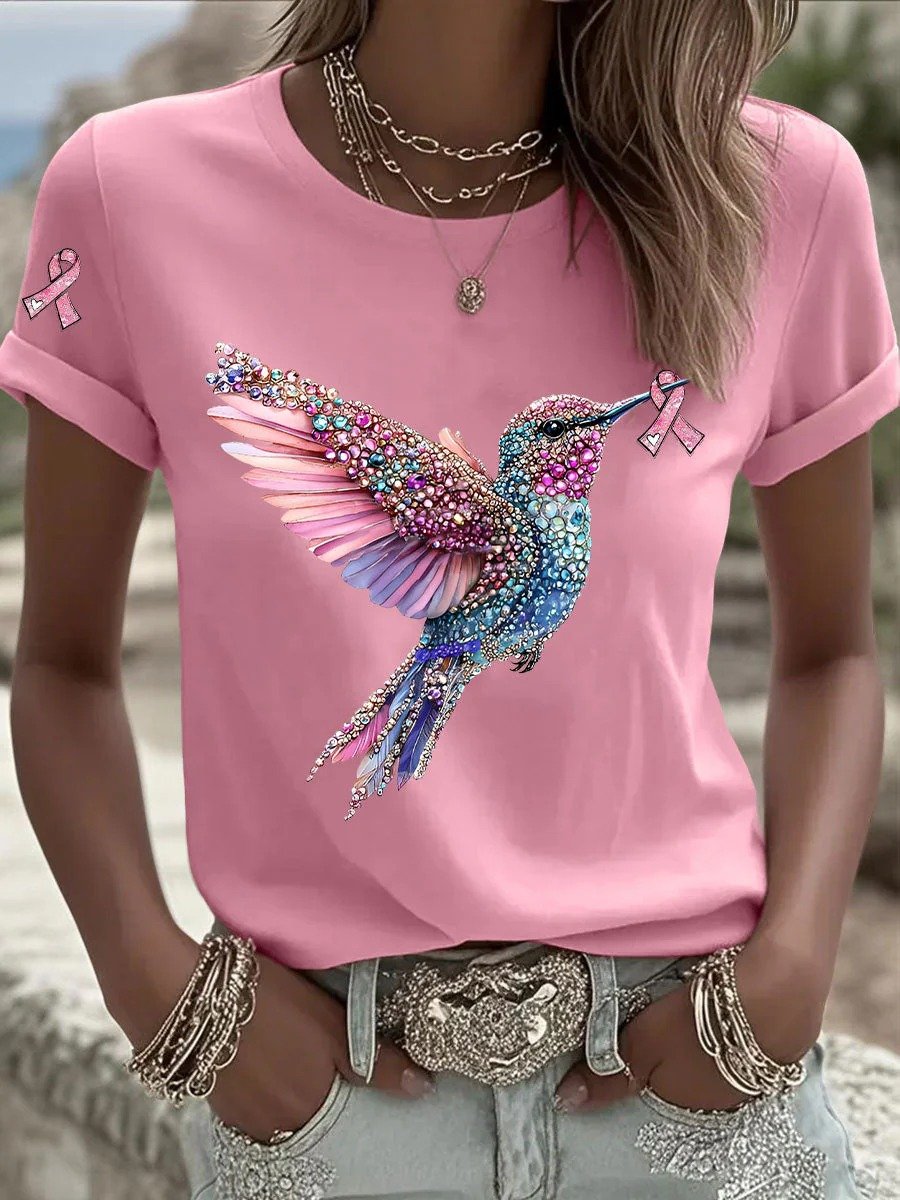 Women's Breast Cancer Hummingbird Ribbon Print Casual T-shirt