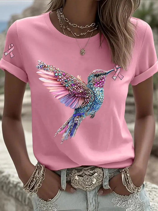 Women's Breast Cancer Hummingbird Ribbon Print Casual T-shirt