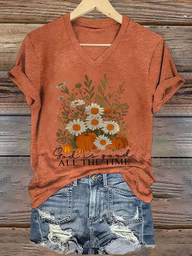 V-Neck Retro Autumn Christianity Print T-Shirt