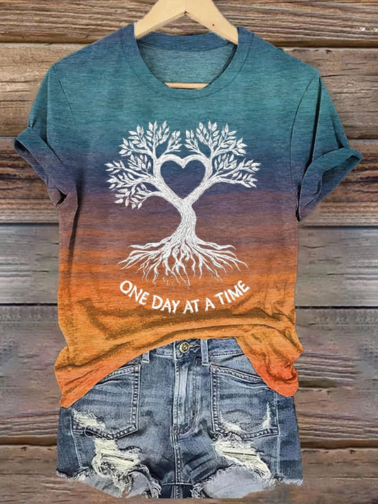 Women's Retro One Day At A Time Printed Casual T-Shirt