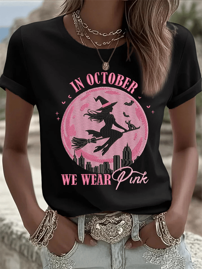 Women's In October We Wear Pink Print Crew Neck T-Shirt