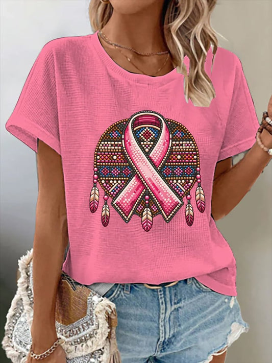 Women's Casual Breast Cancer Feather Waffle Crew Neck T-Shirt