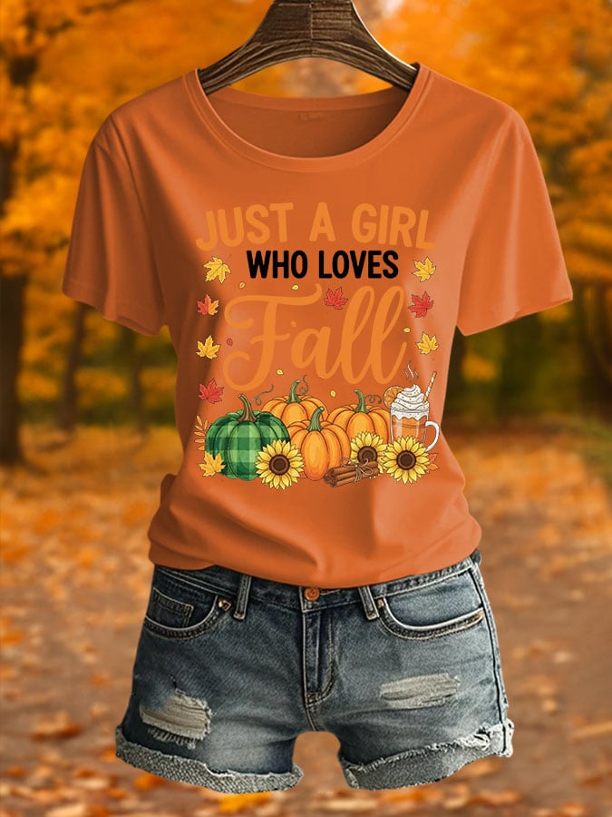 Just A Girl Who Loves Autumn Women'S Printed Round Neck T-Shirt