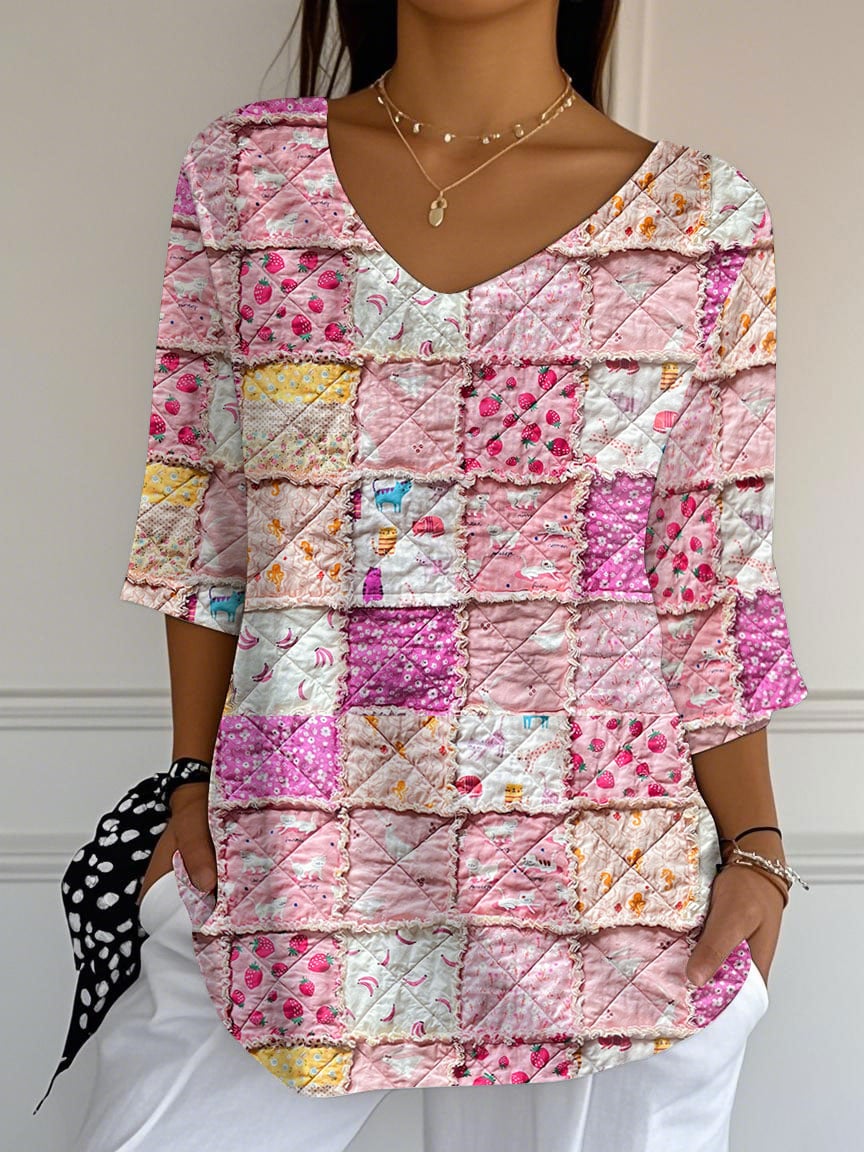 Women's Breast Cancer Fan Patchwork Print Textured Fabric Casual V-Neck T-Shirt